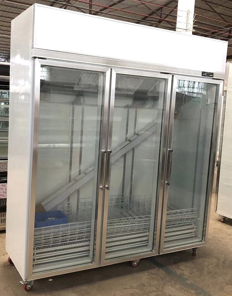 Commercial upright glass door freezer, auto defrost frozen food display