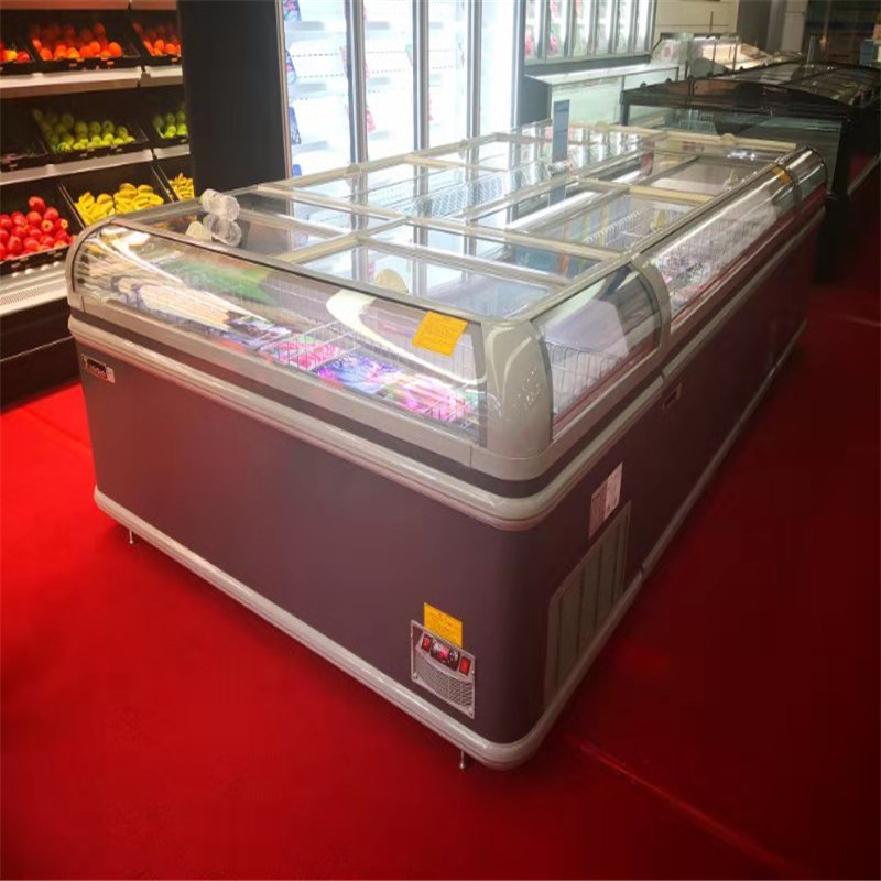 Supermarket Commercial Island Freezer Sliding Glass Curved Lid Chest