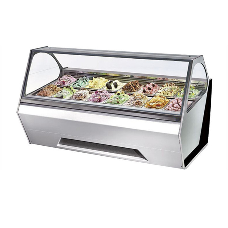 12 Pans Italian Gelato Showcase , Curved Glass Freezer For Ice Cream