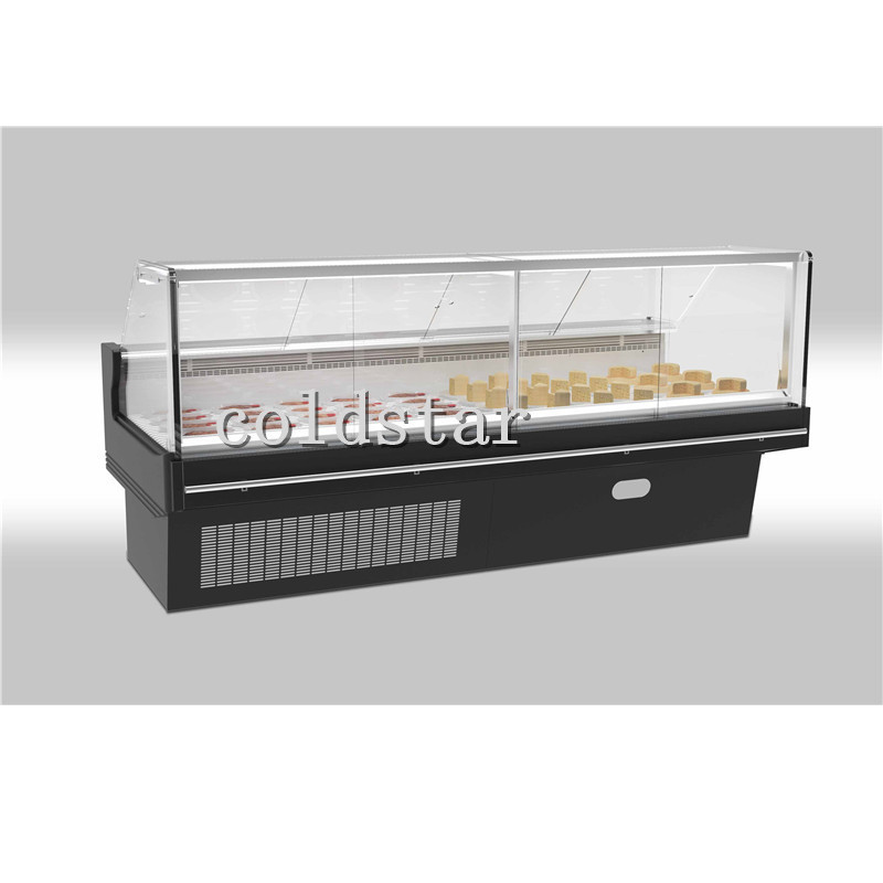 Supermarket deli refrigerator fresh meat display counter curved glass