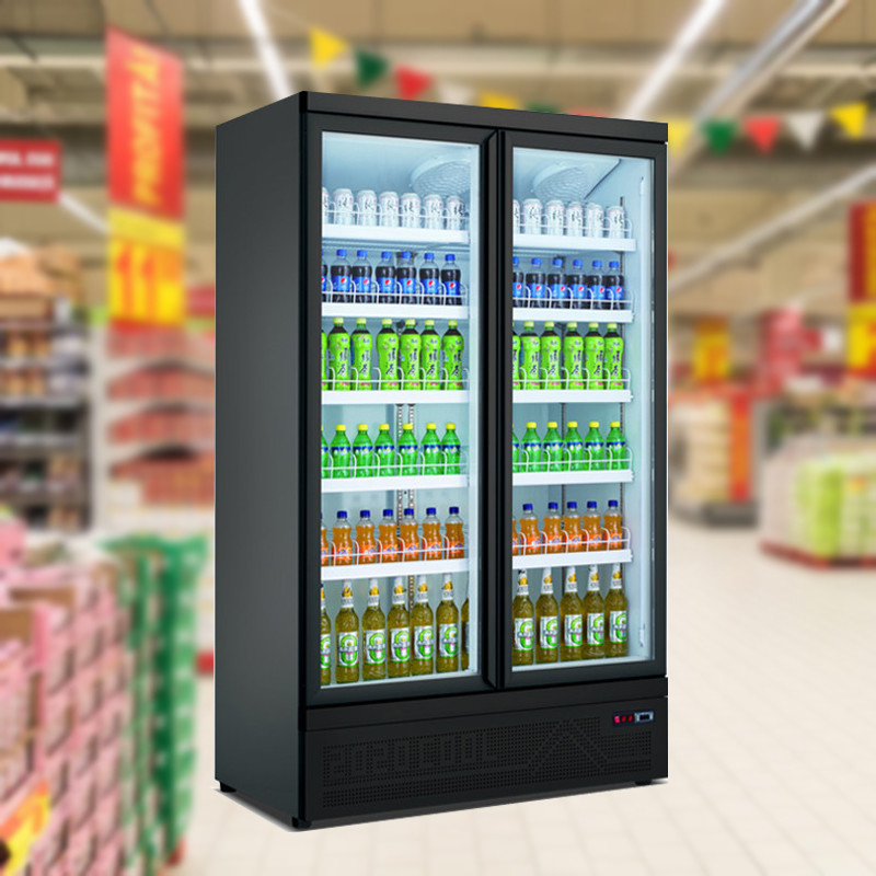 Supermarket Upright Double Door Drink Bottle Refrigerator Cooler